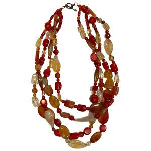 Vintage 4-Strand Red Coral/Dyed Agate/Glass Chunky Statement Necklace ~ 19"